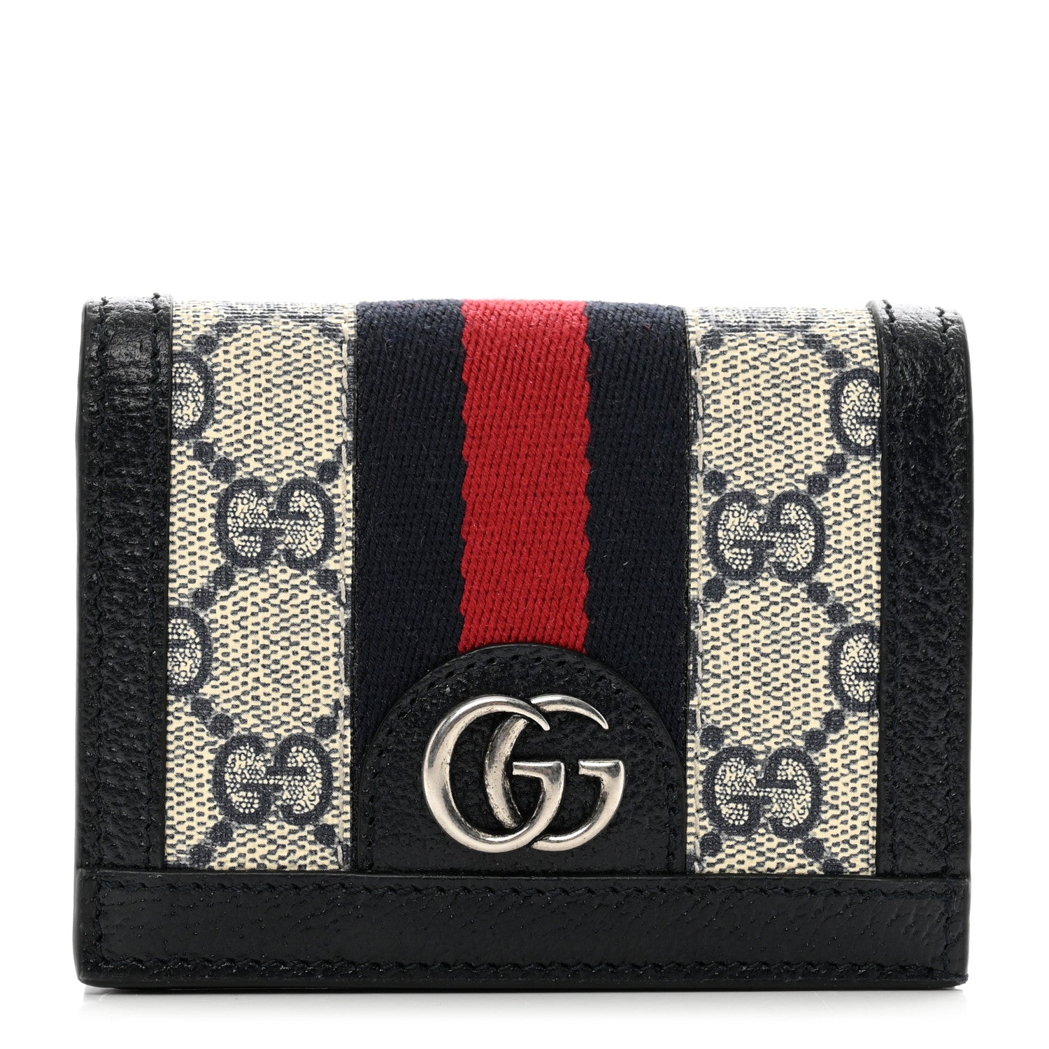 Gucci GG Supreme Monogram Textured Dollar Calfskin Web Ophidia Card Case Beige Blue 1 of 7