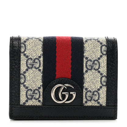 Gucci GG Supreme Monogram Textured Dollar Calfskin Web Ophidia Card Case Beige Blue 1 of 7