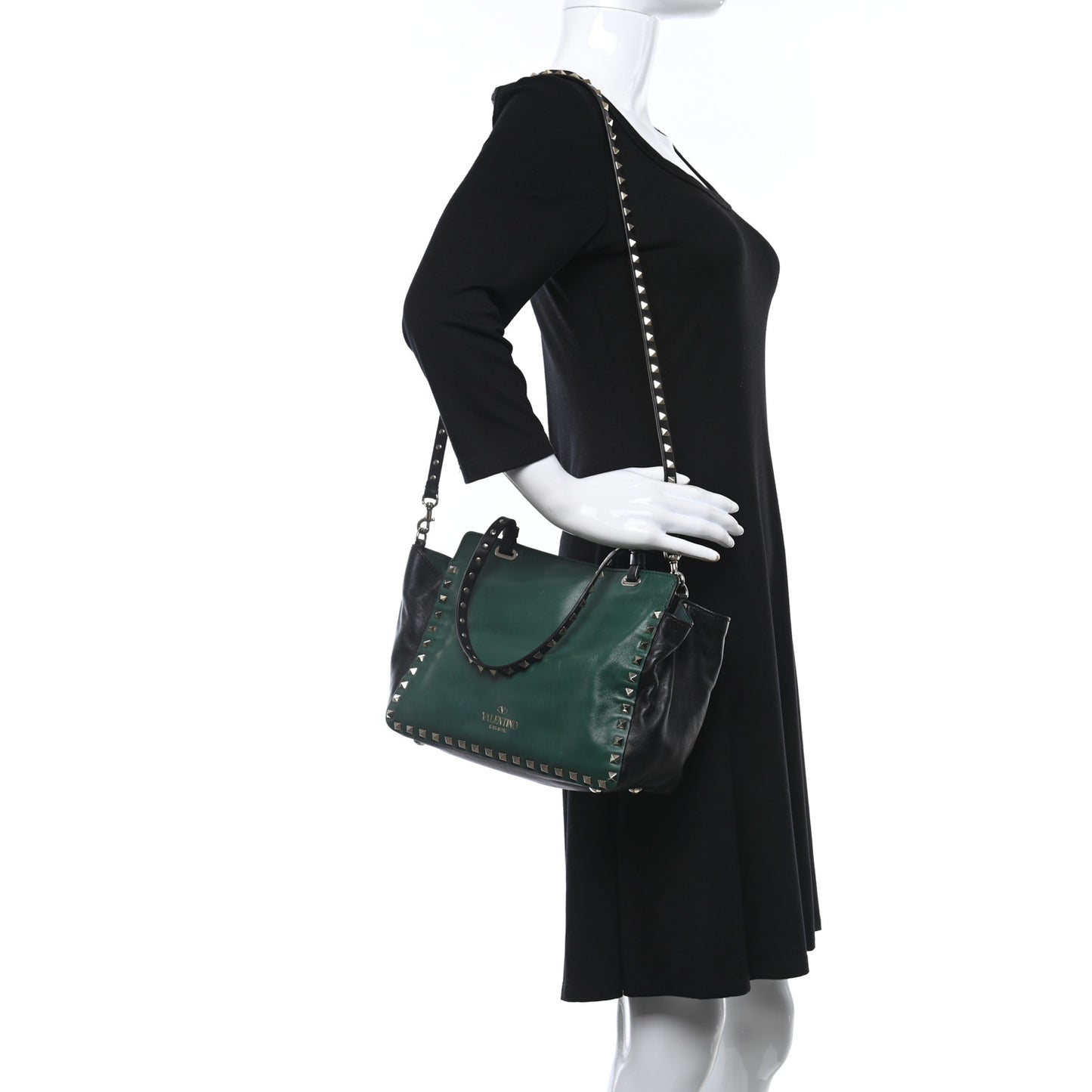 Vitello Small Rockstud Tote Smeraldo Black