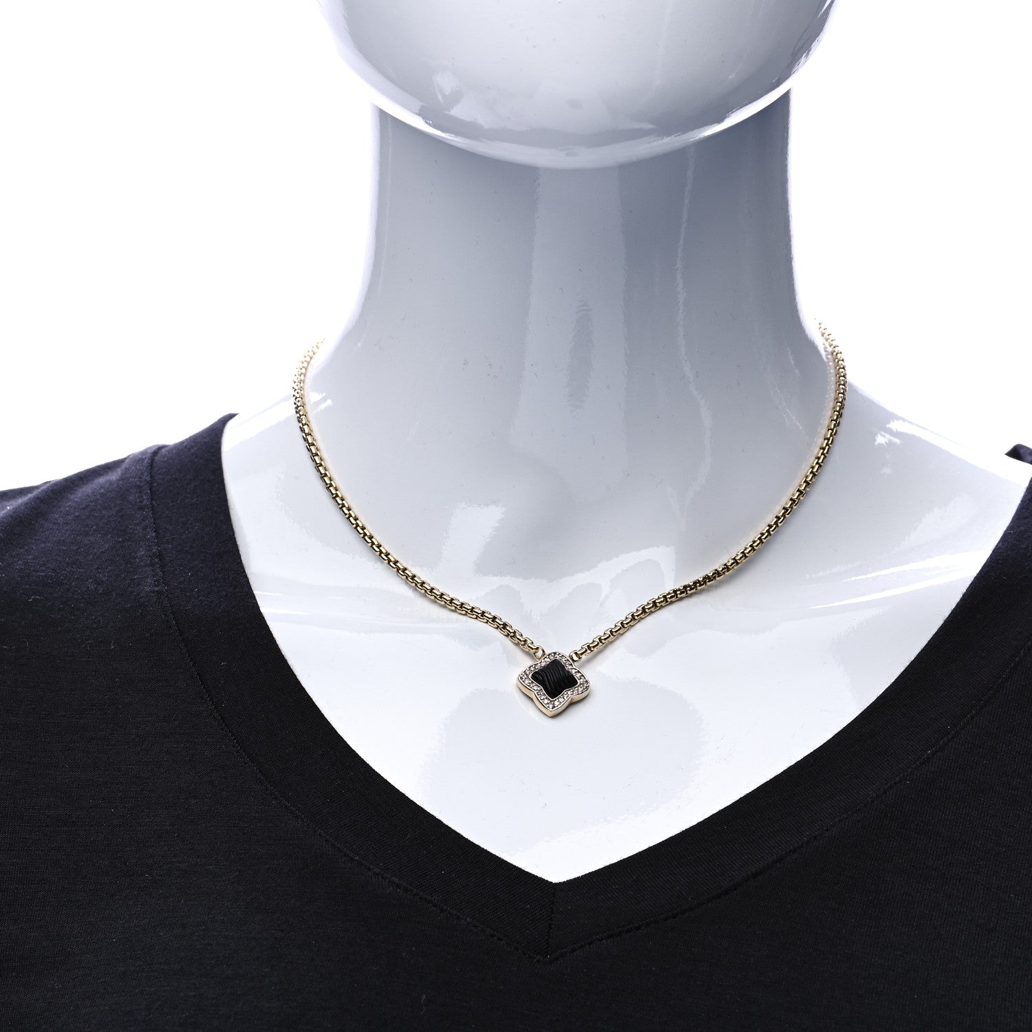 David Yurman 18K Yellow Gold Diamond Black Onyx Carved Quatrefoil Necklace 2 of 6