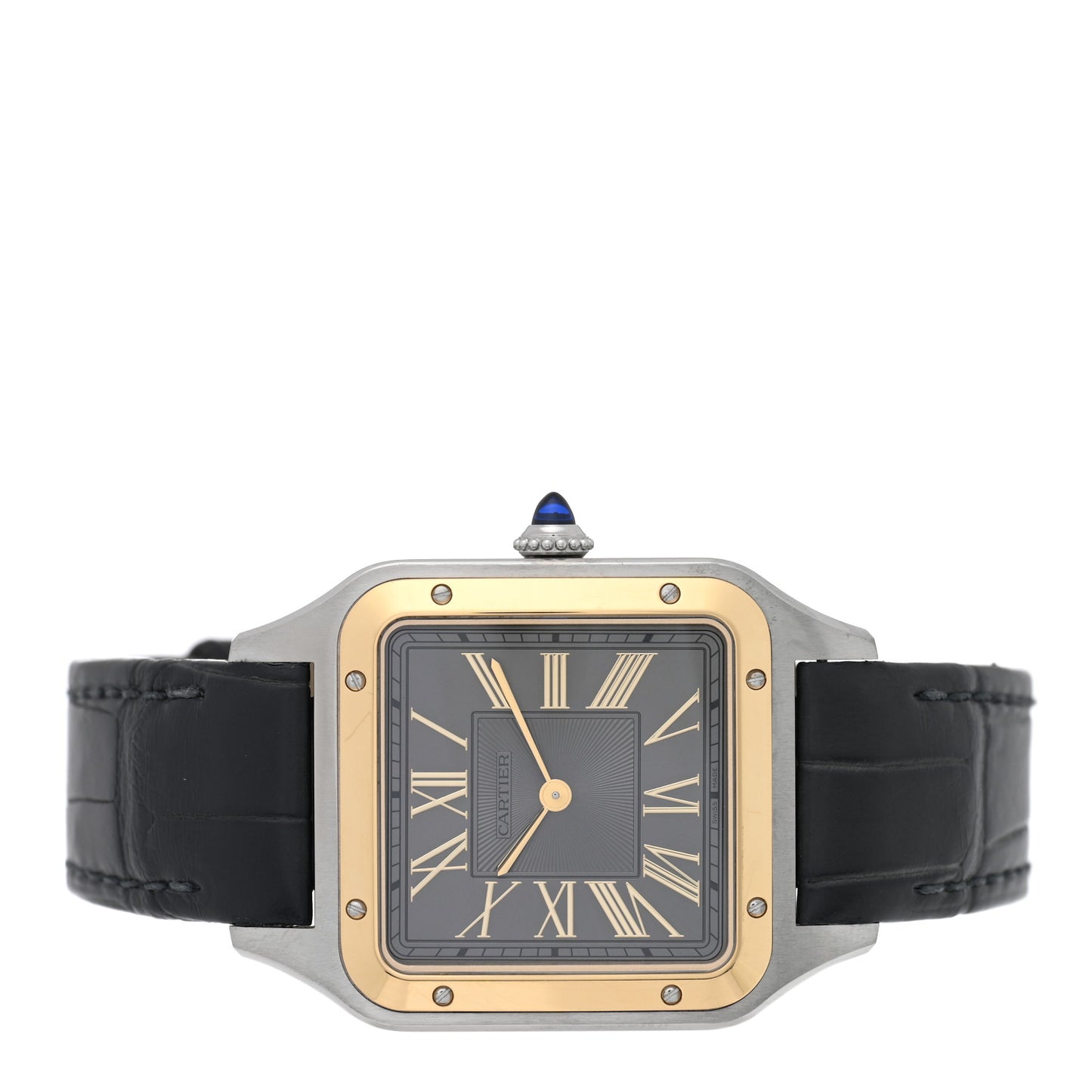 Stainless Steel 18K Yellow Gold Alligator 31.4mm Santos Dumont Quartz Watch Grey