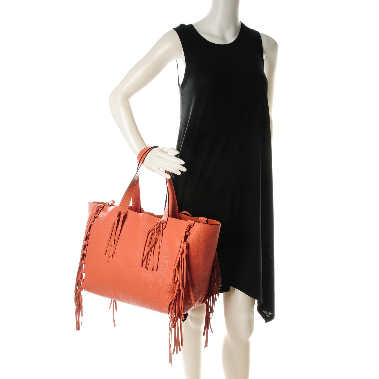 Grained Calfskin C-Rockee Fringe Tote Coral