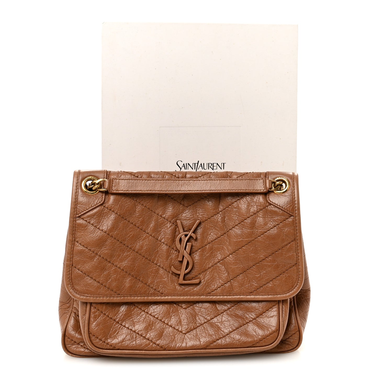 Crinkled Calfskin Matelasse Monogram Medium Niki Chain Satchel Caramel