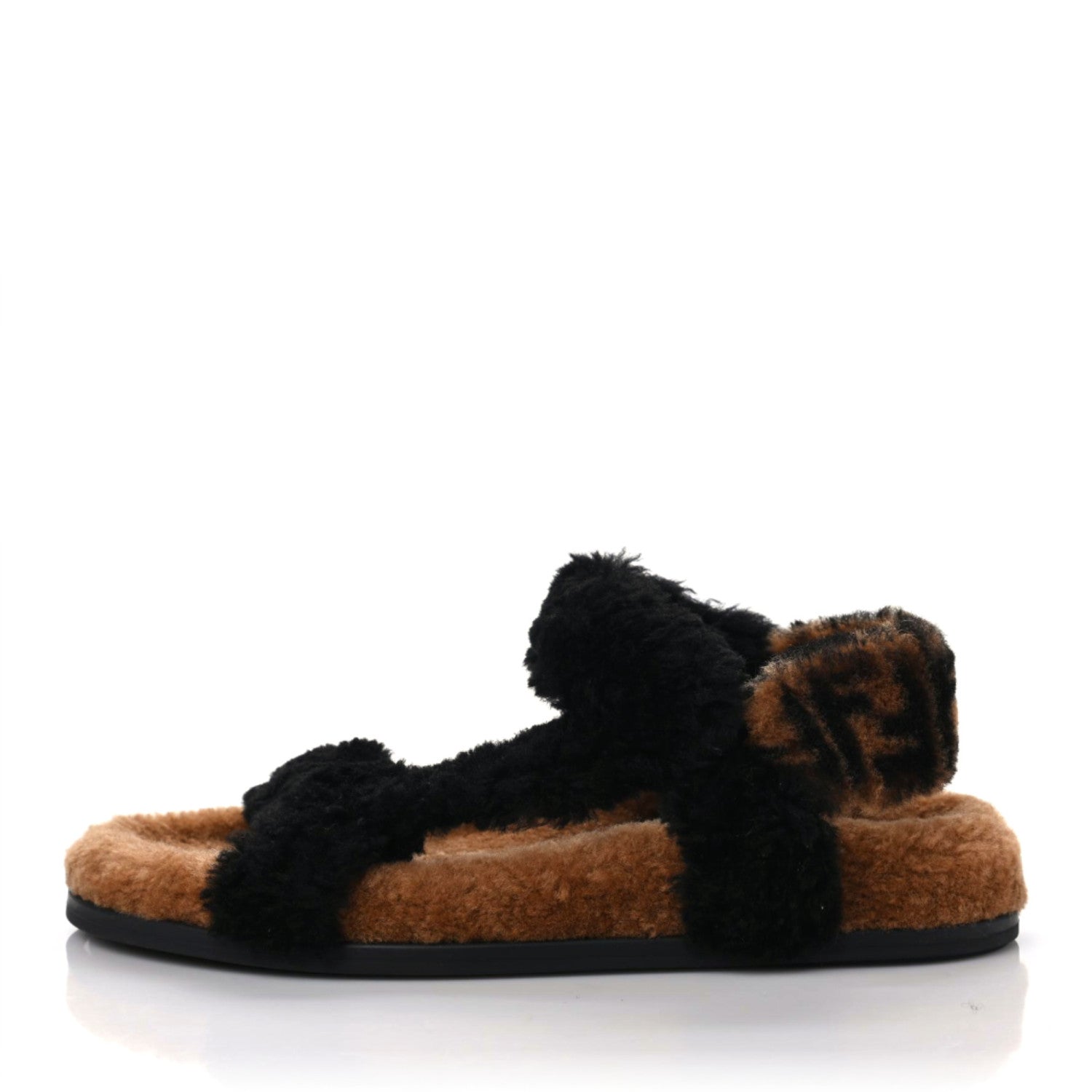 Fendi Shearling FF Fendi Feel Sandals 38 Tobacco Black 1 of 8