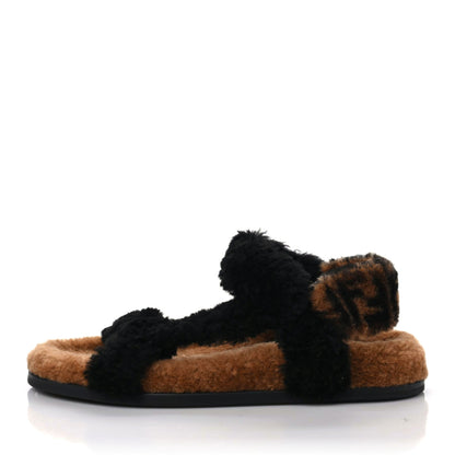 Fendi Shearling FF Fendi Feel Sandals 38 Tobacco Black 1 of 8