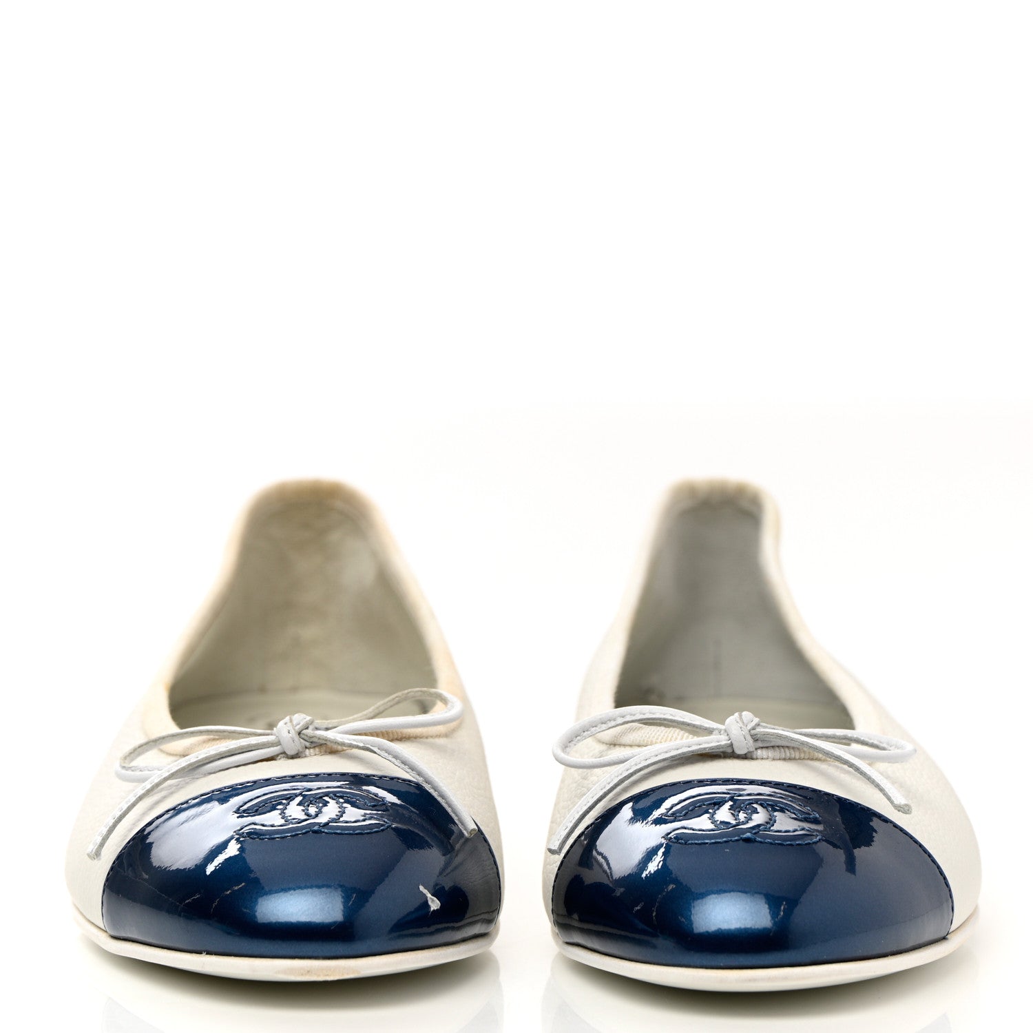 Chanel Calfskin Patent CC Cap Toe Ballerina Flats 37.5 White Blue 2 of 14
