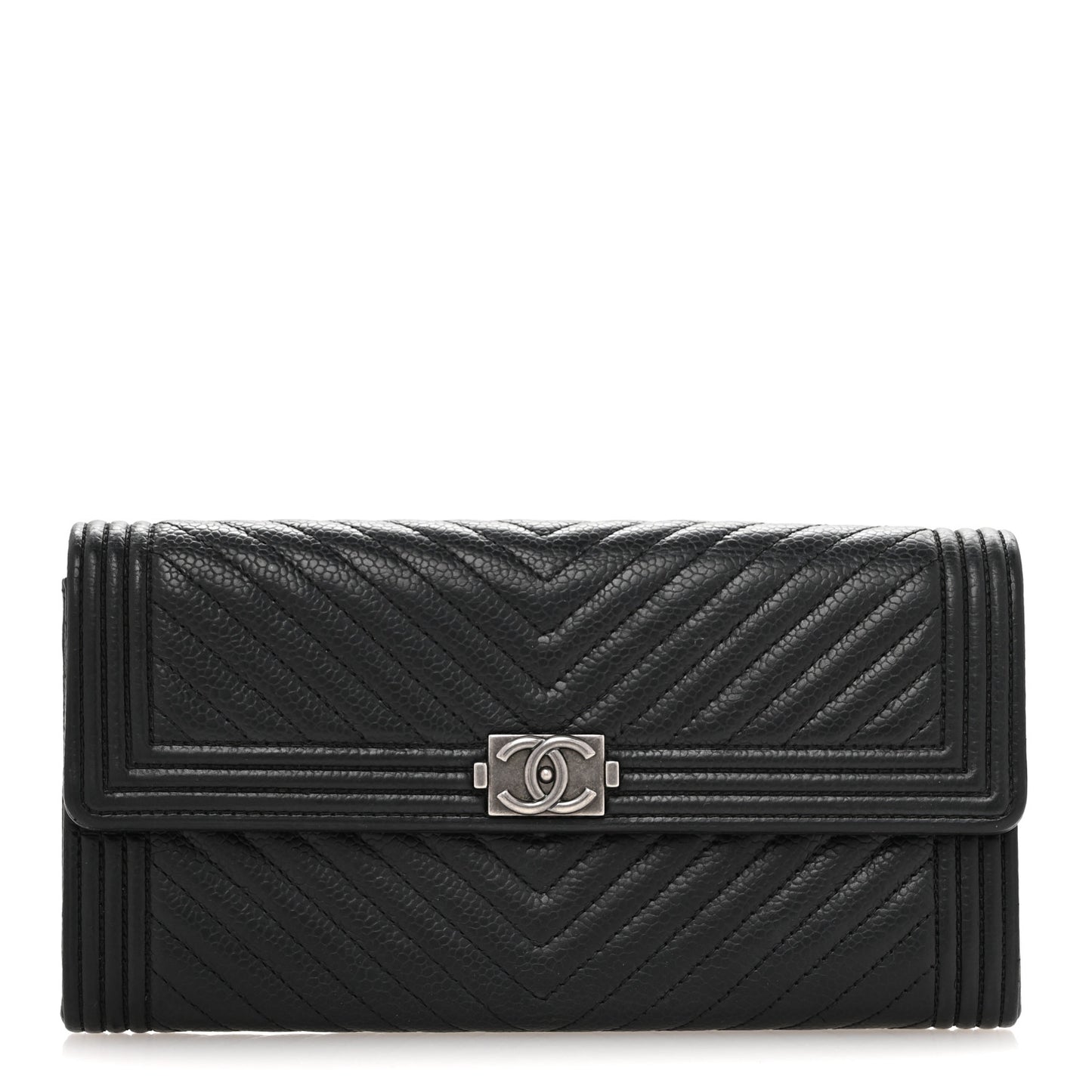 Caviar Chevron Quilted Boy Flap Wallet Black