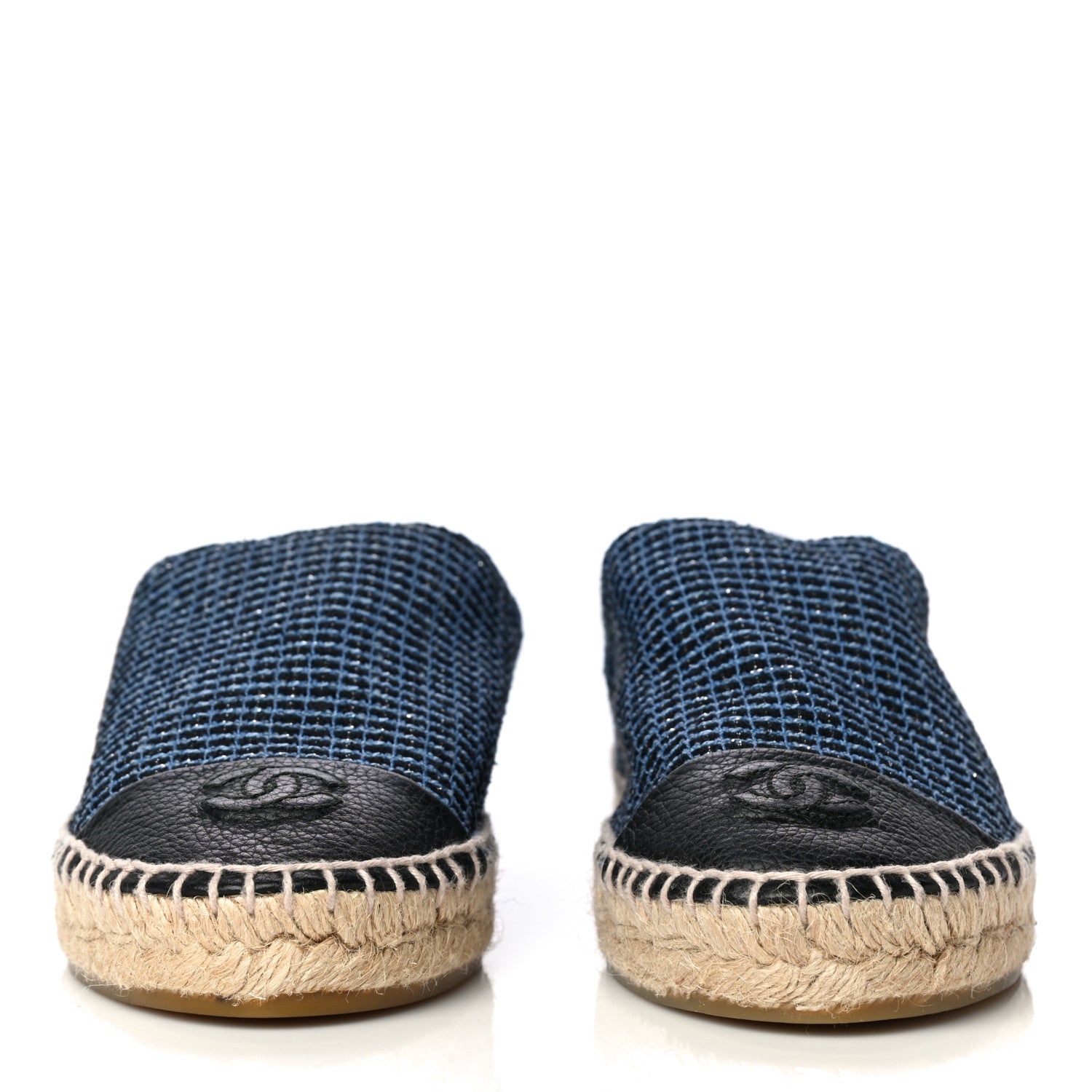 Chanel Grained Calfskin Tweed CC Espadrilles 38 Black Blue 3 of 11