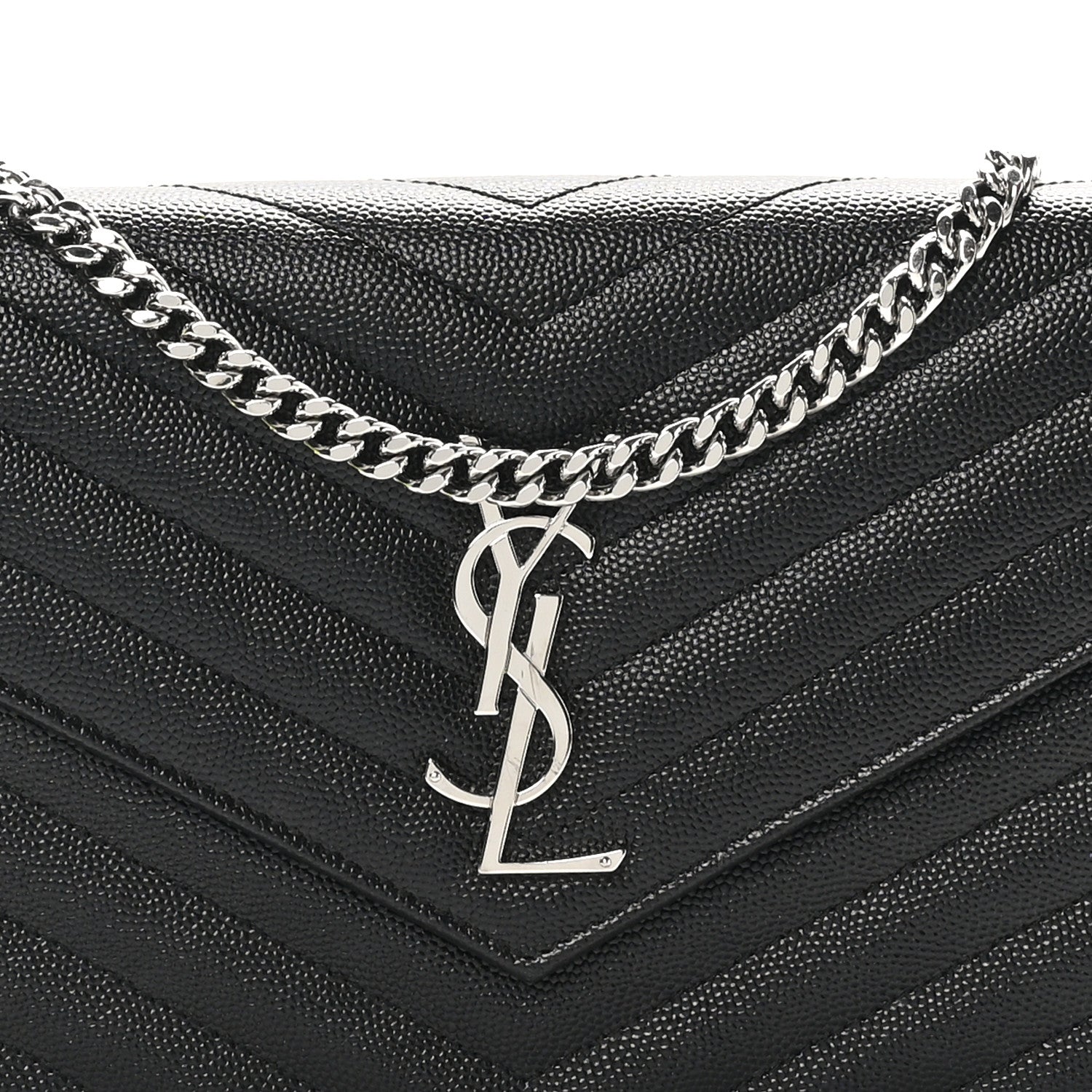 Saint Laurent Grain De Poudre Matelasse Chevron Monogram Chain Wallet Black 7 of 10