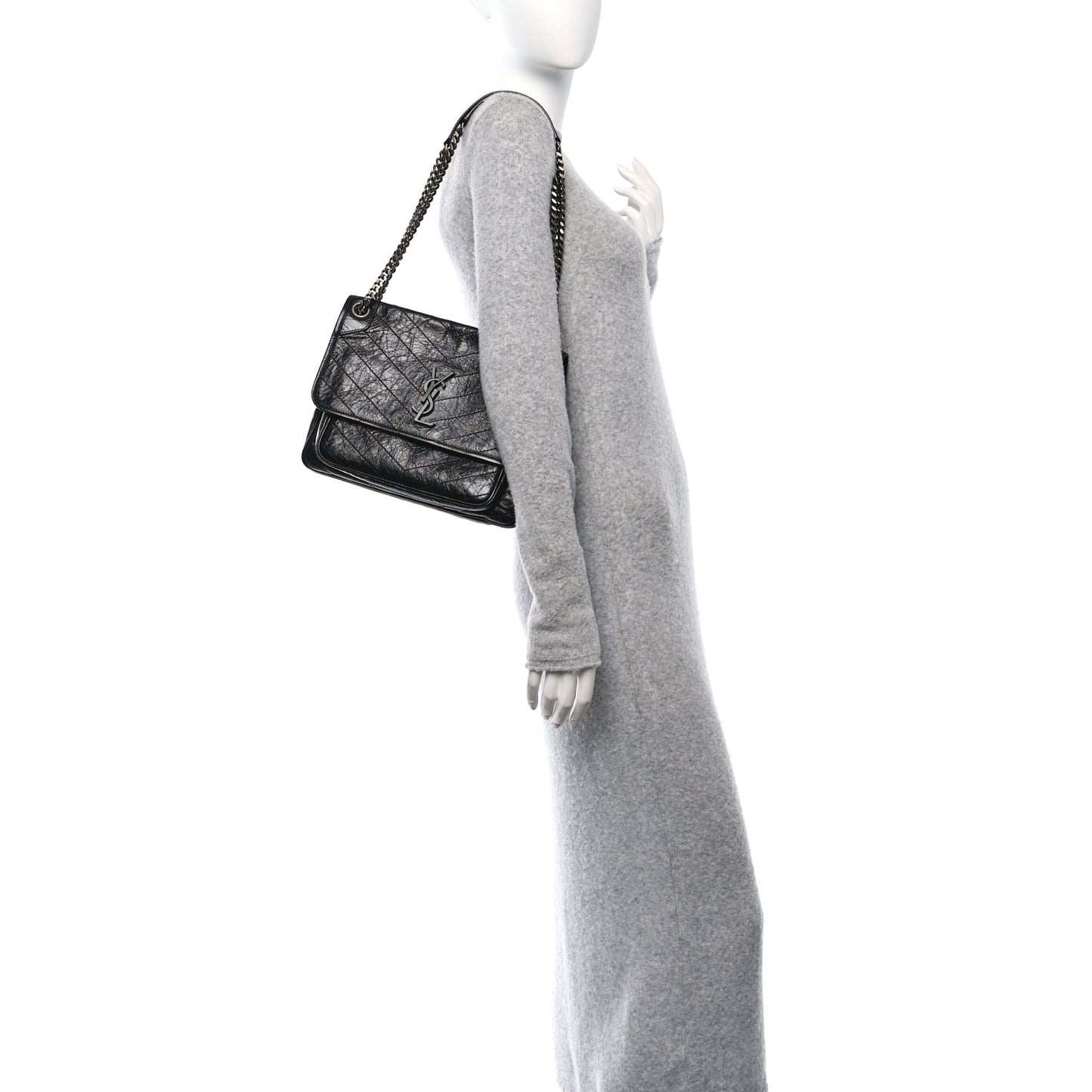 Crinkled Calfskin Matelasse Monogram Medium Niki Chain Satchel Black