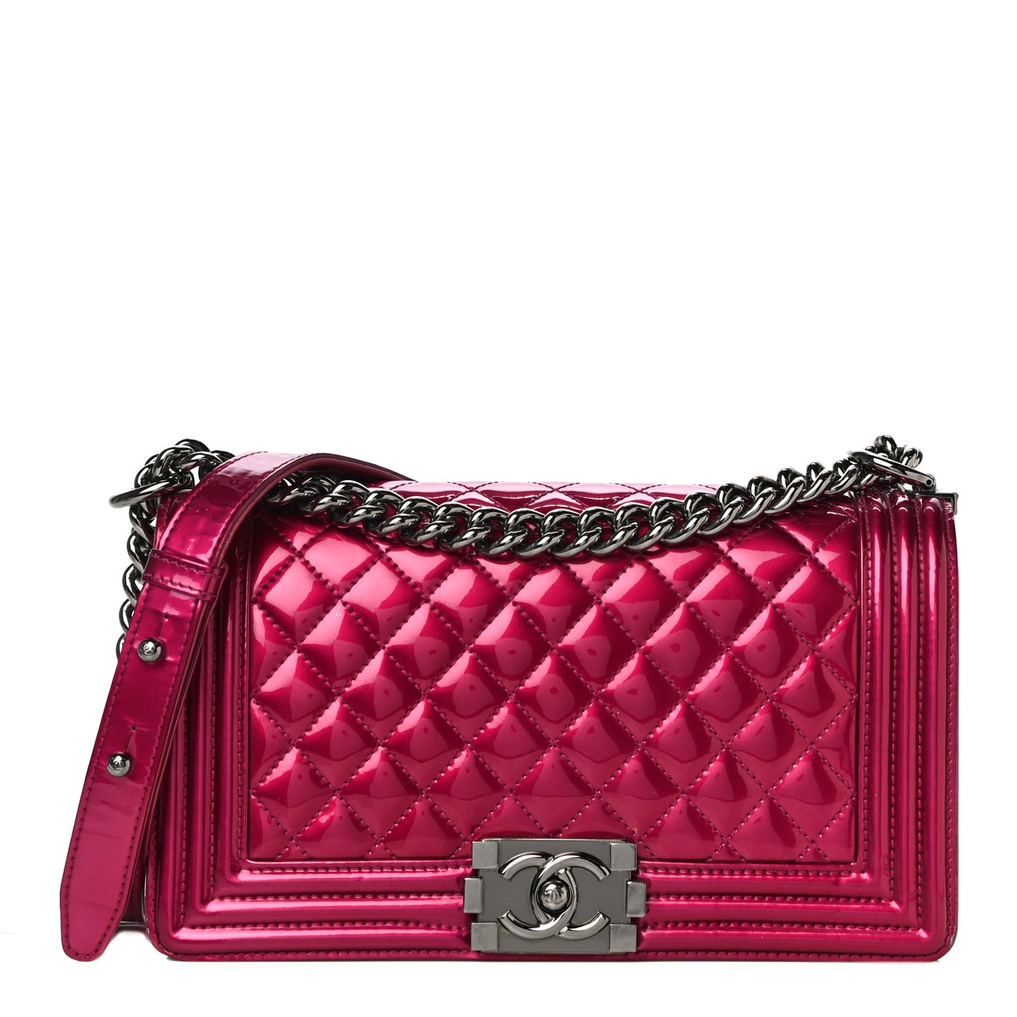 Metallic Patent Calfskin Quilted Medium Boy Flap Pink