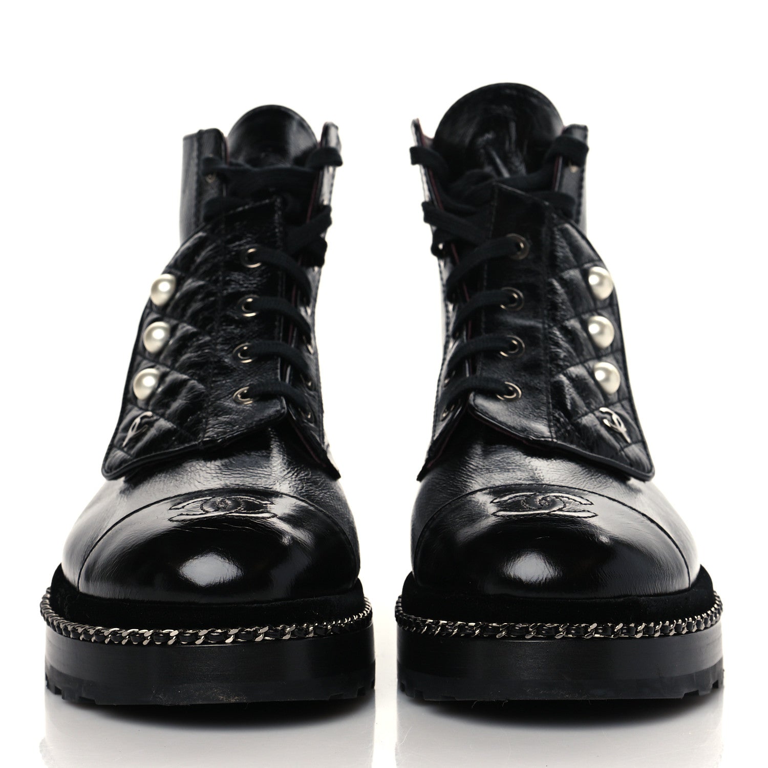 Chanel Crackled Calfskin Velvet Pearl Combat Short Boots 39 Black 2 of 8
