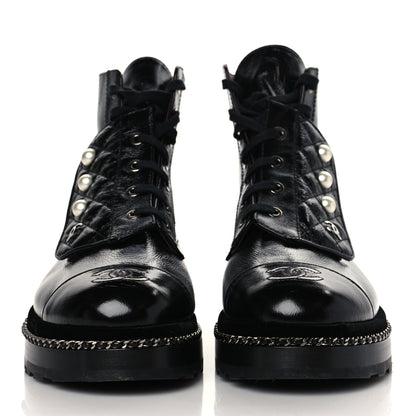 Chanel Crackled Calfskin Velvet Pearl Combat Short Boots 39 Black 2 of 8