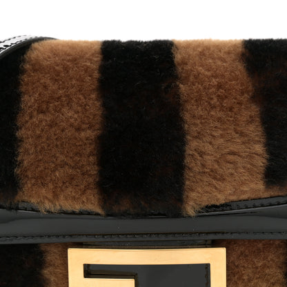 Fendi Shearling Vitello Vernice Mou Pequin Striped Mini Baguette Tobacco Black 8 of 10