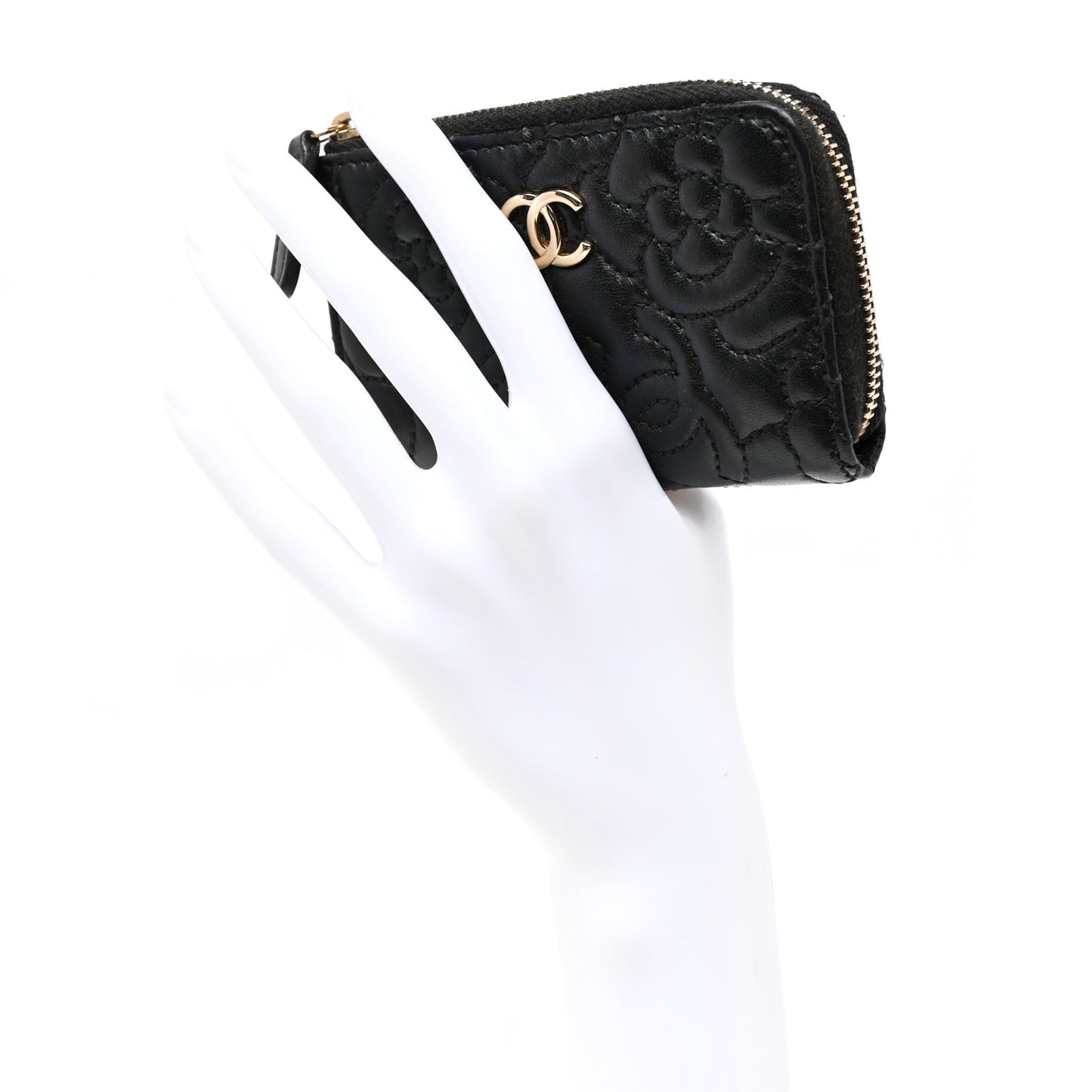 Lambskin Camellia Embossed Key Holder Case Black