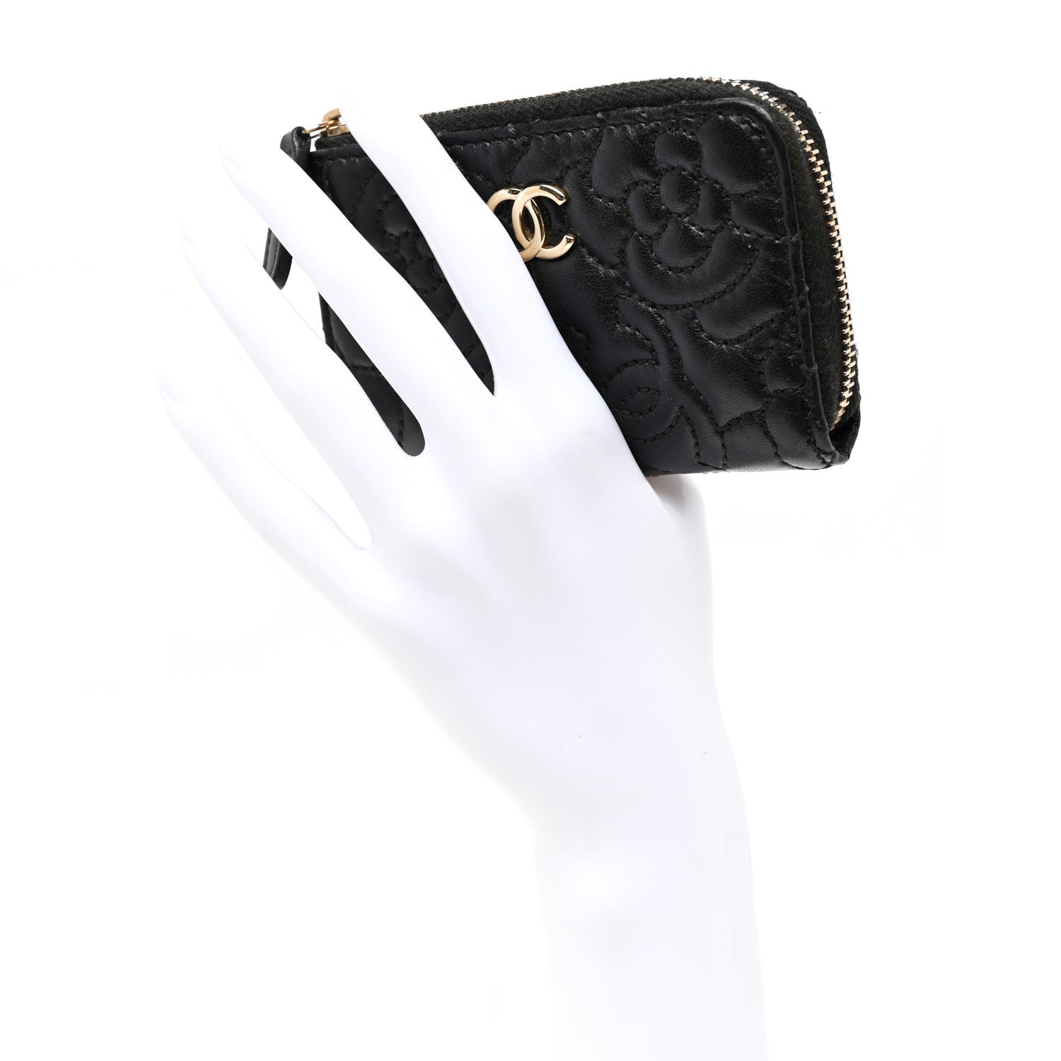Chanel Lambskin Camellia Embossed Key Holder Case Black 2 of 8