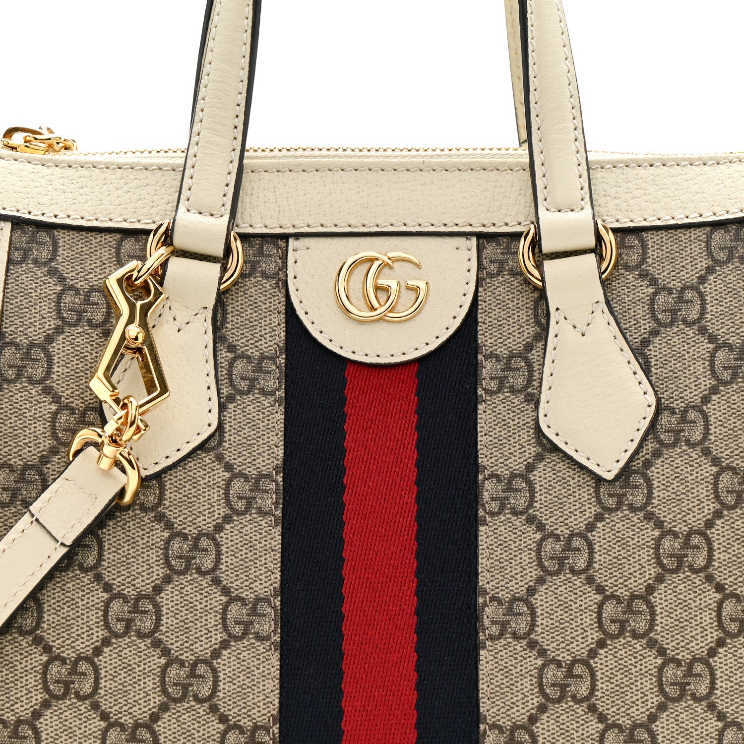 Gucci GG Supreme Monogram Textured Dollar Calfskin Web Small Ophidia Tote Bag Beige Ebony Mystic White 9 of 14