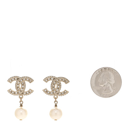 Chanel Crystal Timeless CC Pearl Drop Earrings Light Gold 2 of 5