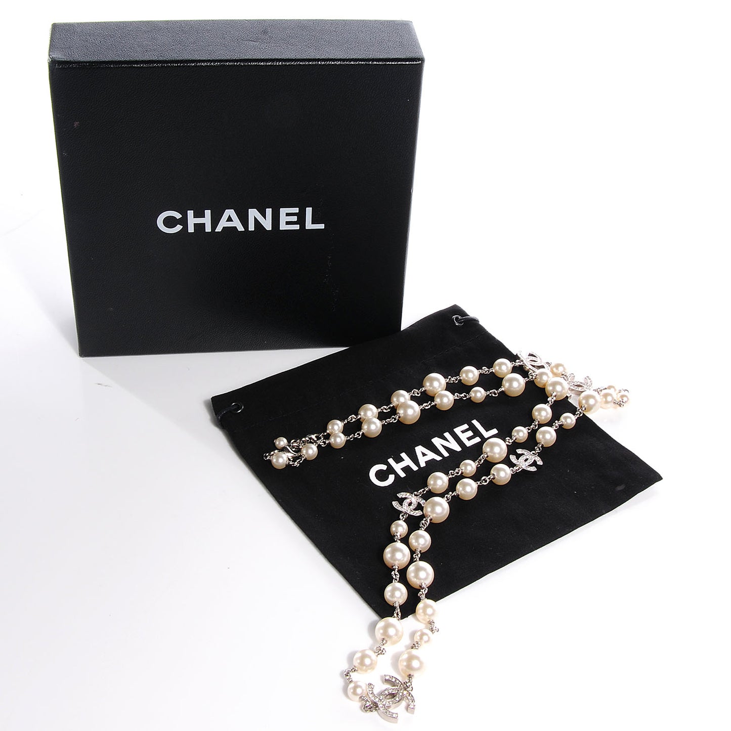 Crystal Pearl CC Long Necklace Silver