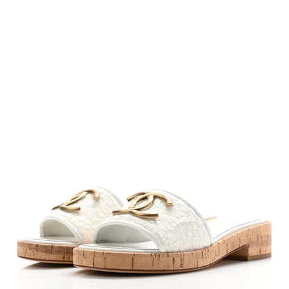 Chanel Tweed Cork CC Mule Sandal 36 Silk White 3 of 7