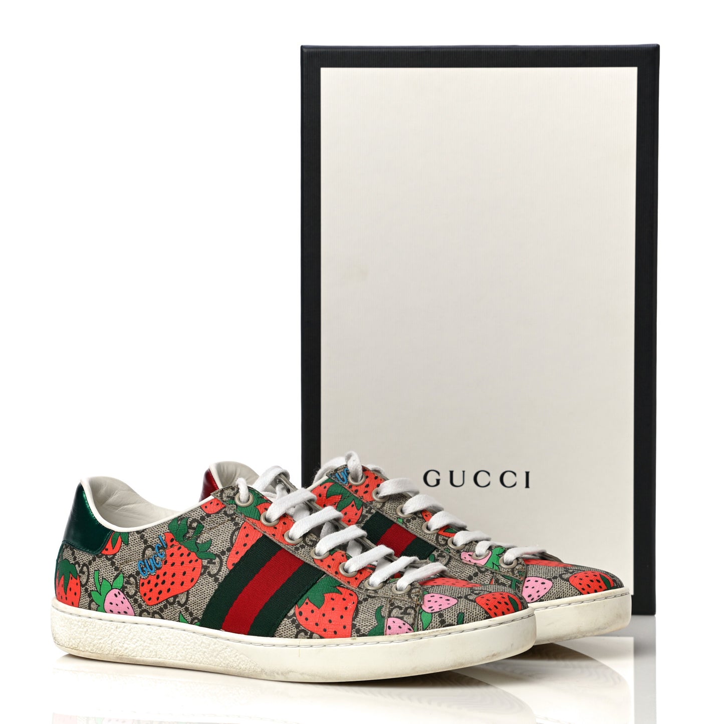 GG Supreme Monogram Strawberry Web Womens Ace Sneakers 36.5 Beige Multicolor Red Green