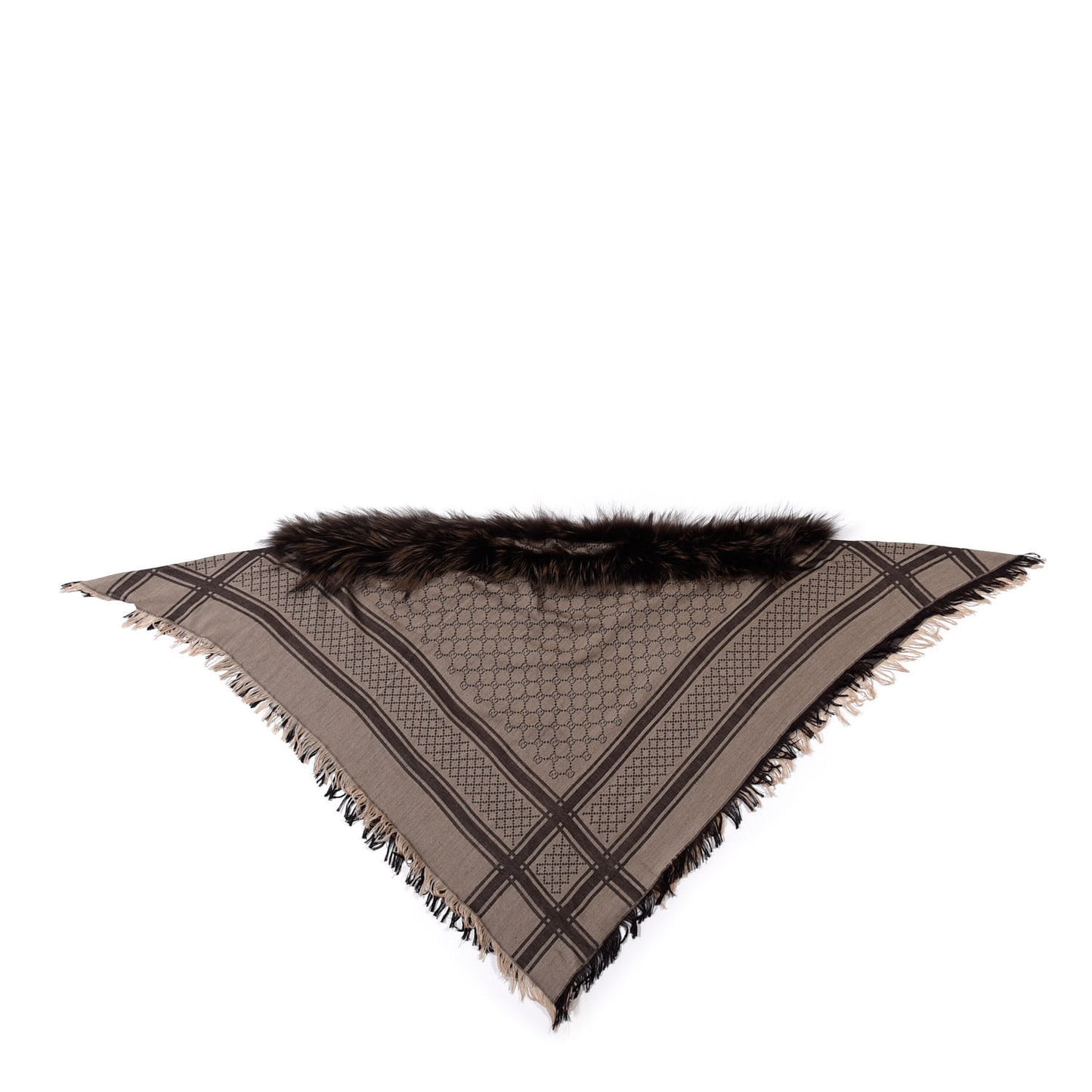 Wool Silk Fox Fur Monogram Shawl Scarf Brown