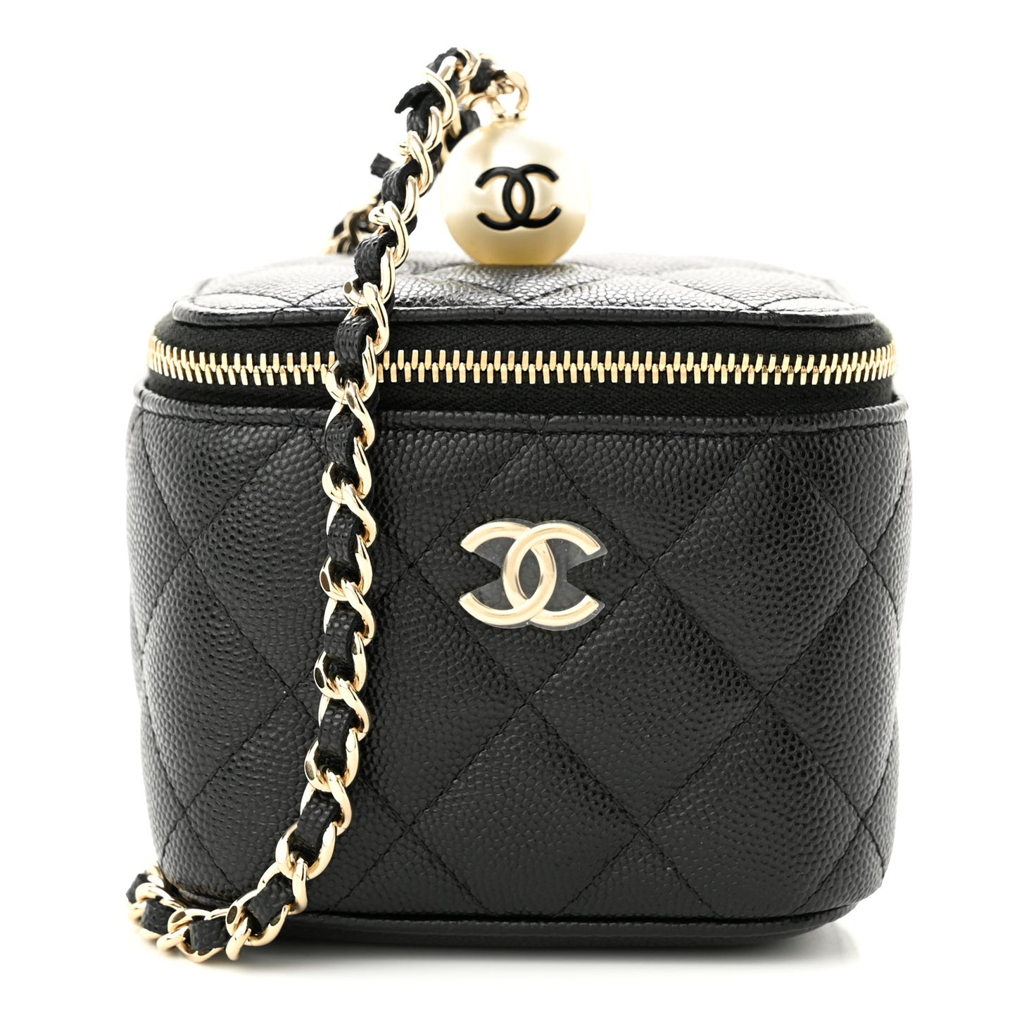 Caviar Quilted Mini Pearl On Top Vanity Case With Chain Black