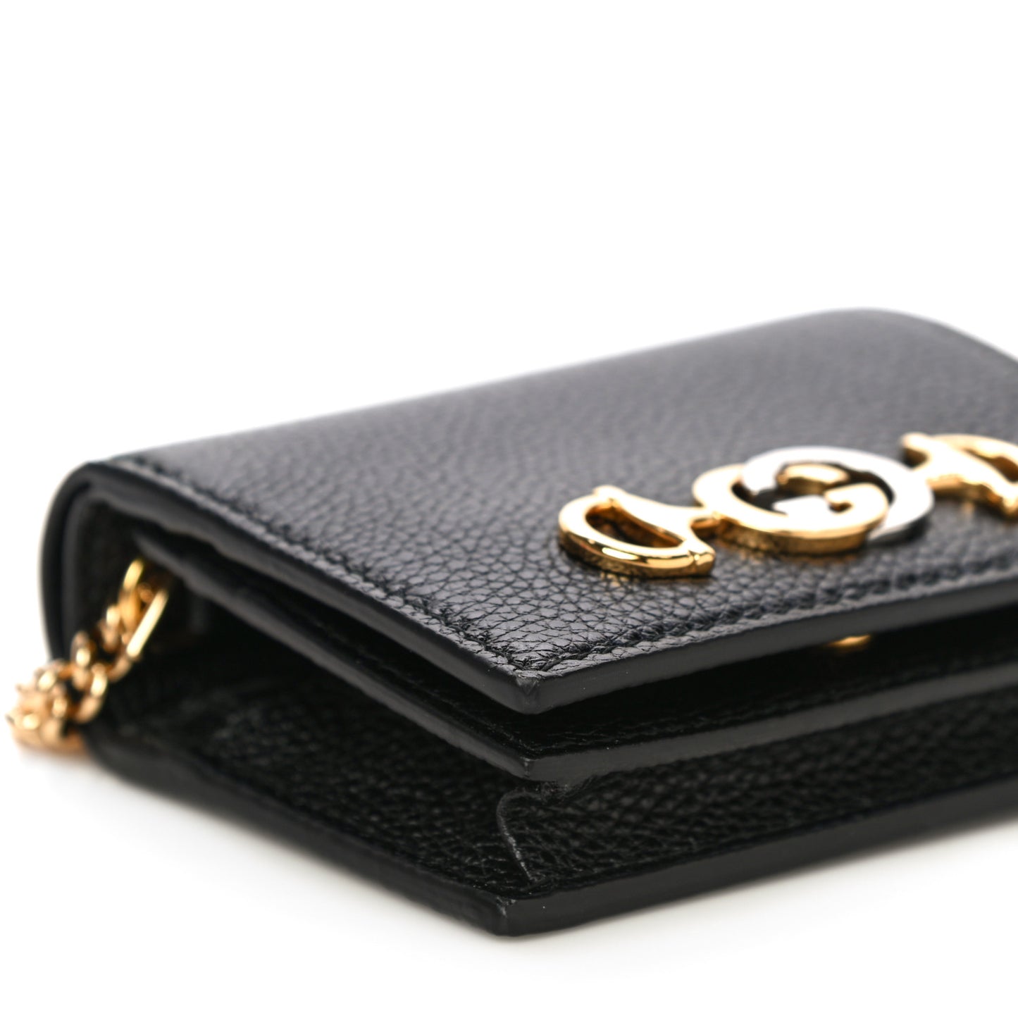 Grainy Calfskin Zumi Chain Card Case Wallet Black