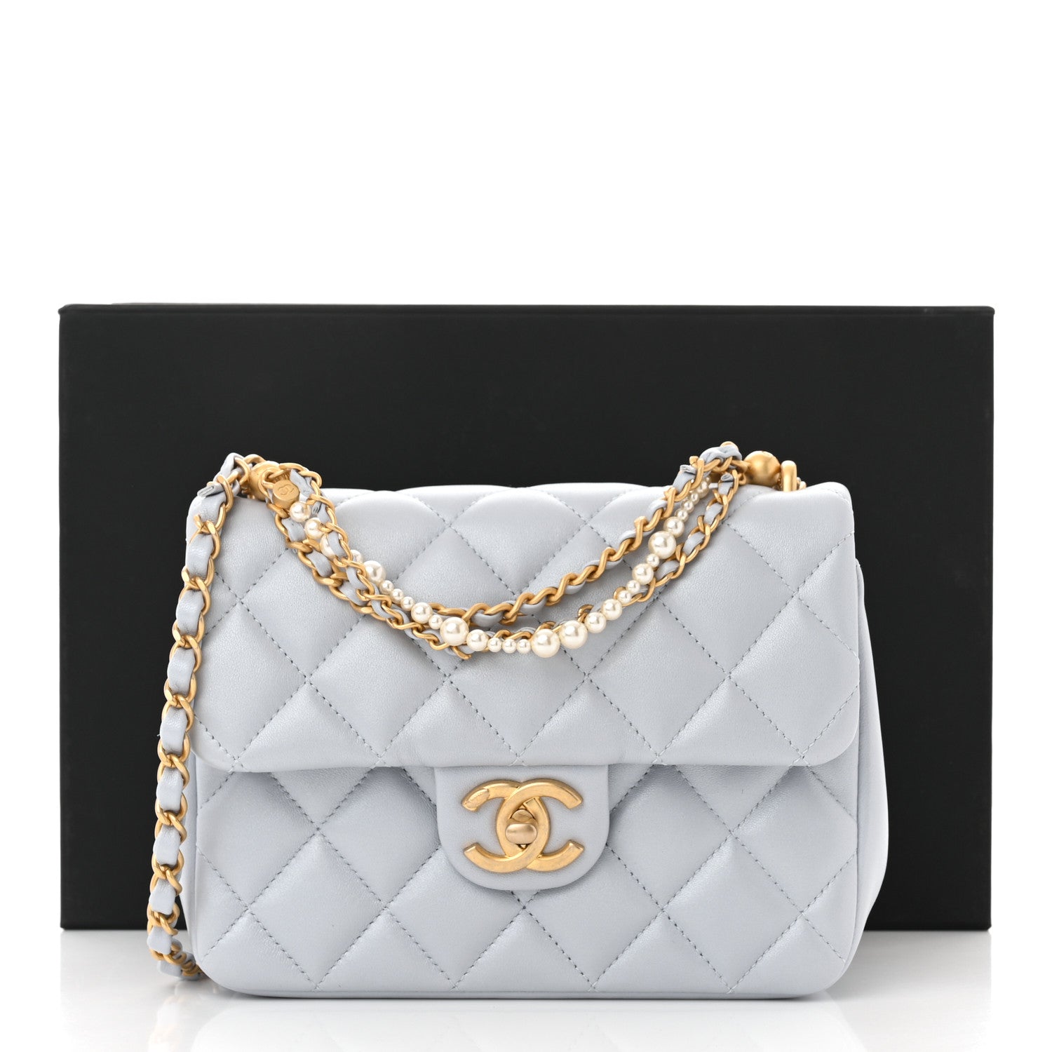 Chanel Shiny Lambskin Quilted Pearl Twist Mini Square Flap Light