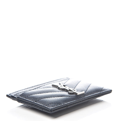 Saint Laurent Grain De Poudre Matelasse Monogram Chevron Credit Card Case Deep Marine 3 of 6