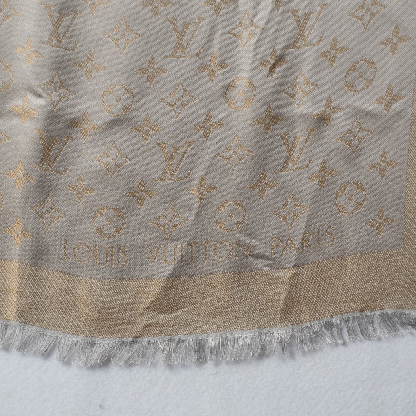 Silk Wool Monogram Shine Shawl Beige