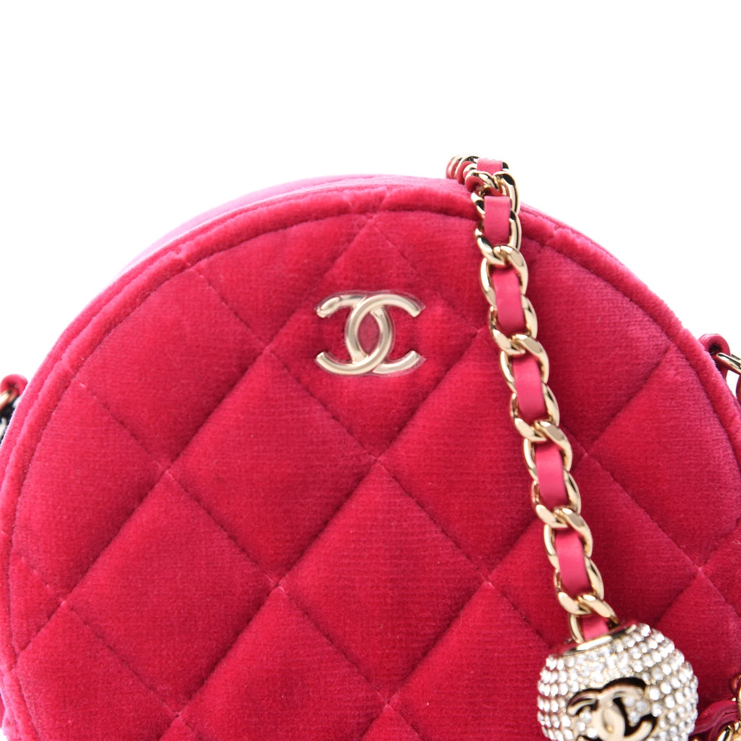 Velvet Round Quilted Pearl Crush Clutch With Chain Pink