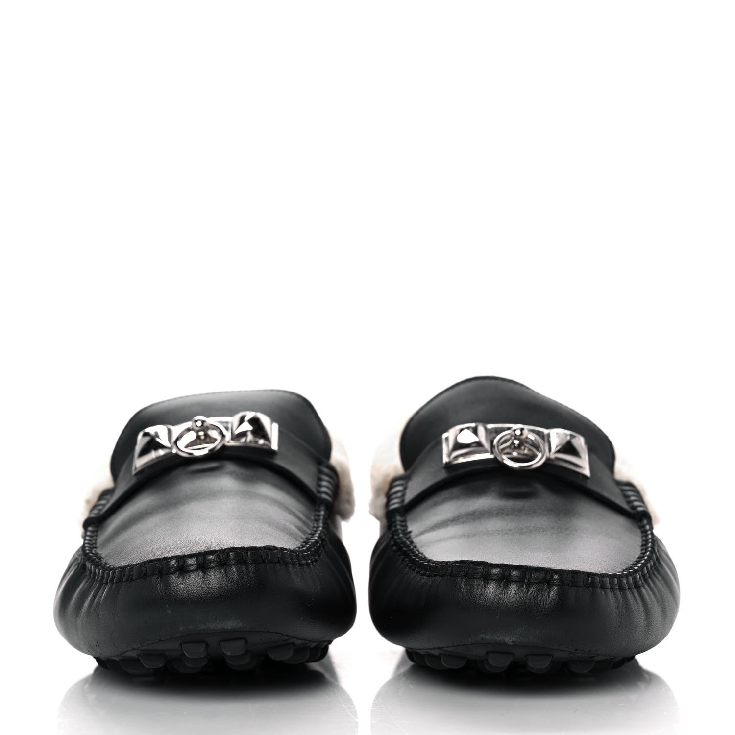 Hermes Calfskin Woolskin Mens Irving Moccasin Loafers 40 Black 2 of 7