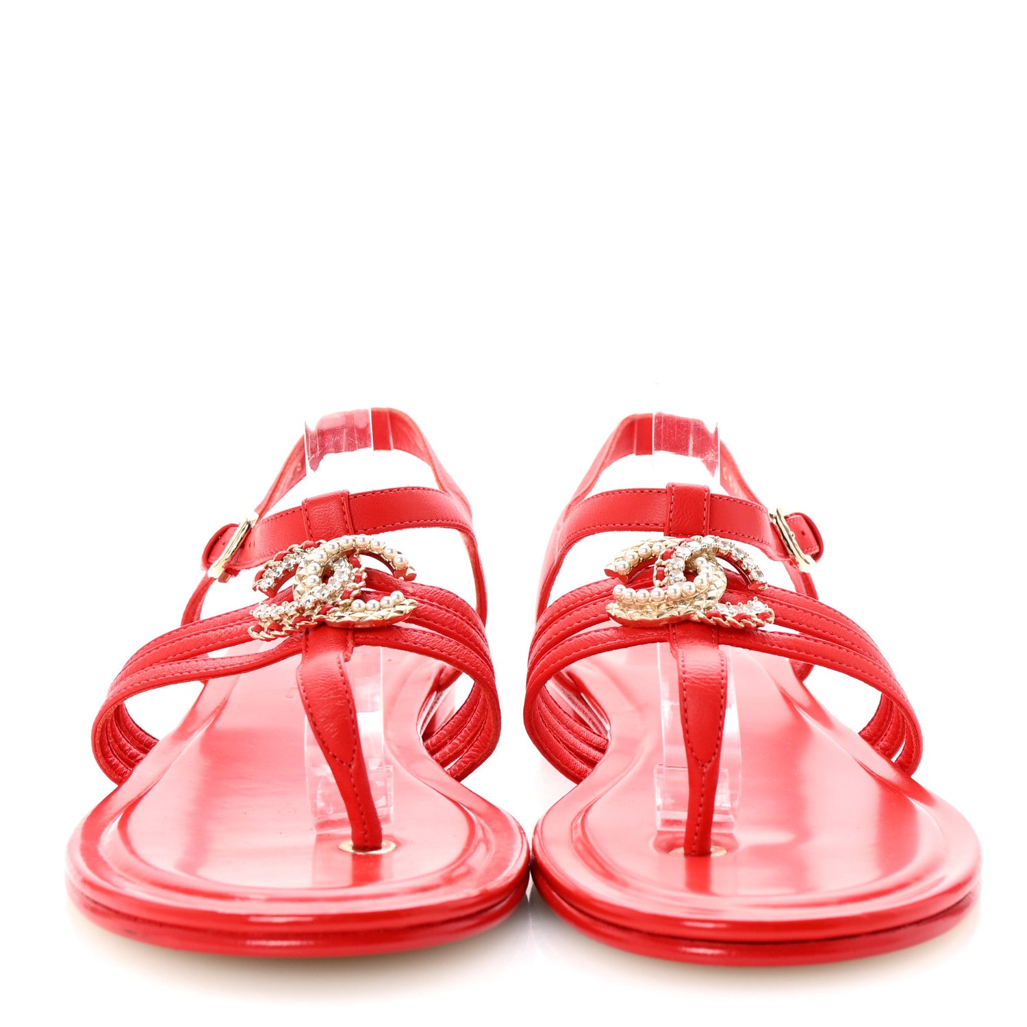 Chanel Lambskin Pearl Crystal CC Thong Sandals 38 Red 3 of 10