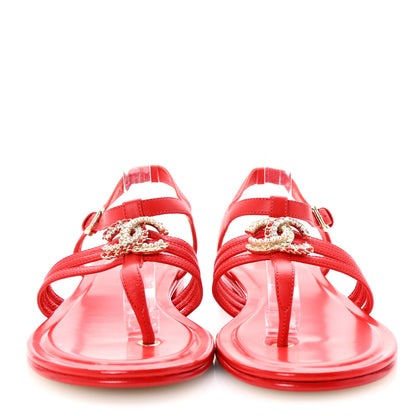 Chanel Lambskin Pearl Crystal CC Thong Sandals 38 Red 3 of 10