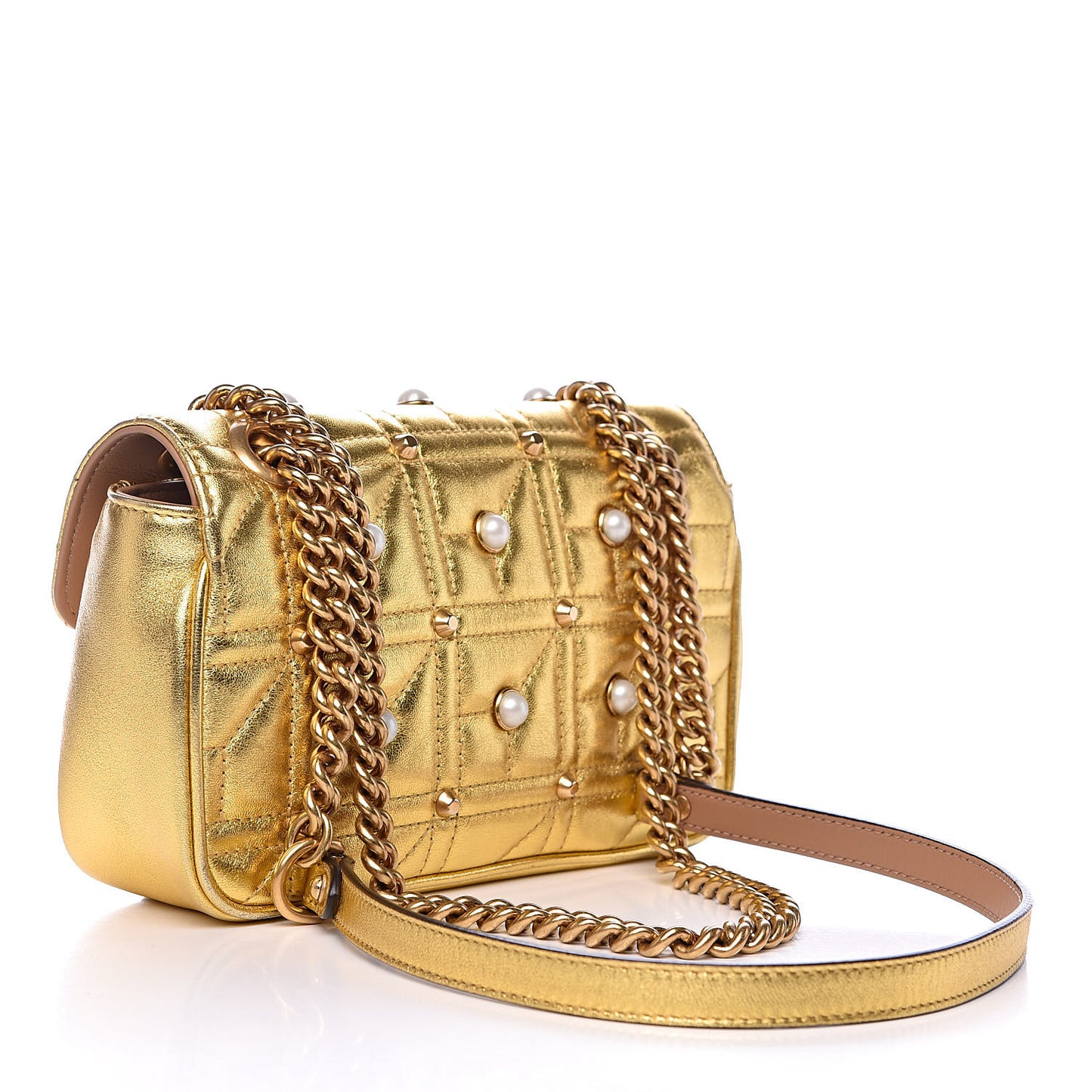 Metallic Calfskin Matelasse Studded Mini Pearly GG Marmont Shoulder Bag Gold
