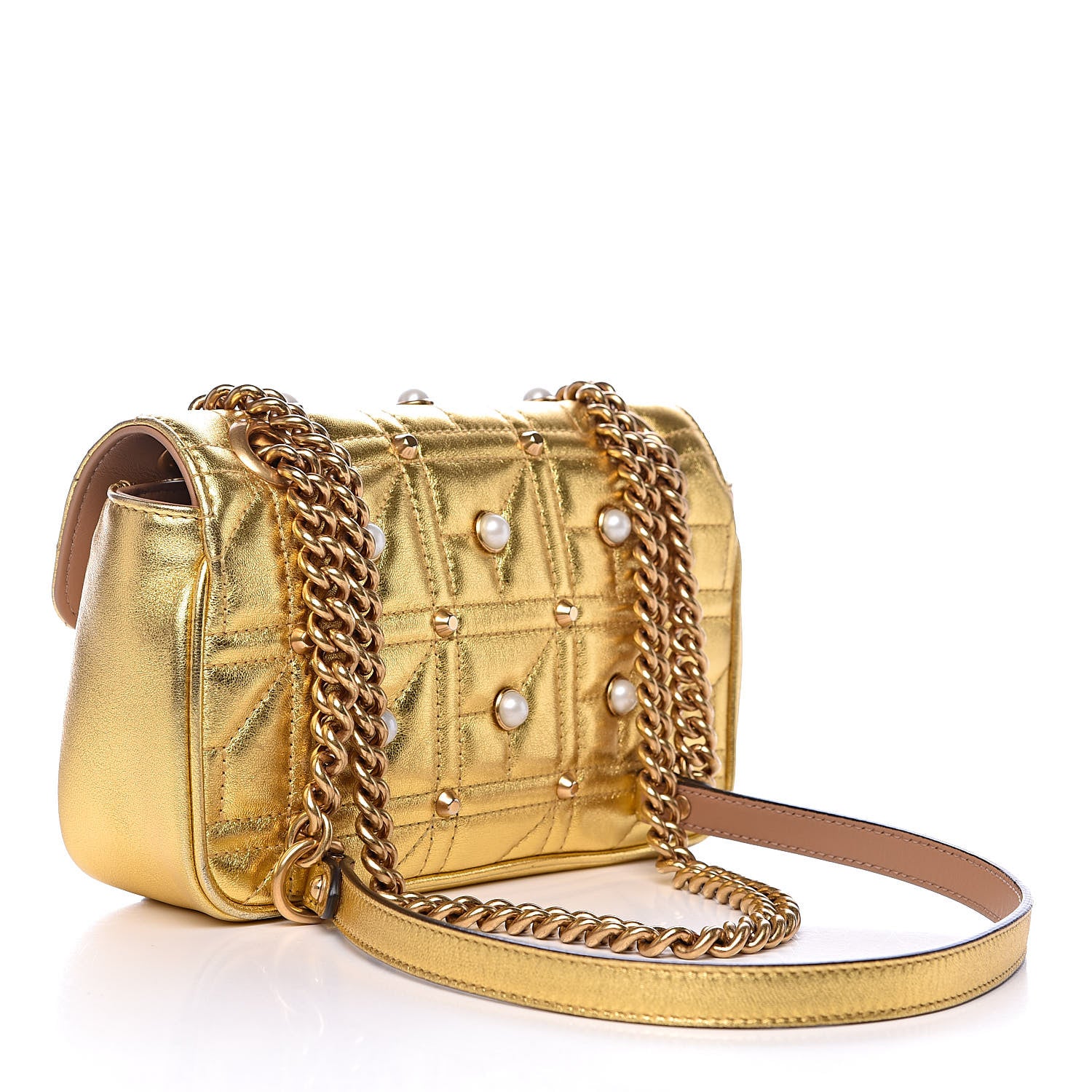 Gucci Metallic Calfskin Matelasse Studded Mini Pearly GG Marmont Shoulder Bag Gold 3 of 10