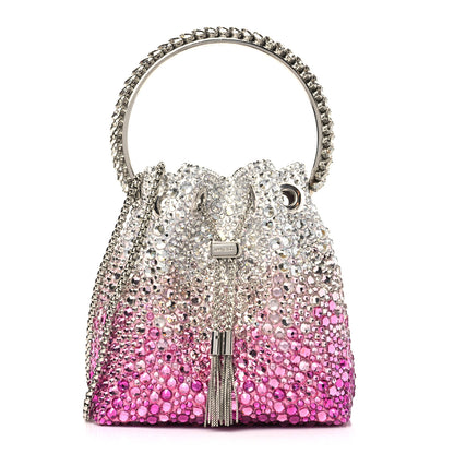 Jimmy Choo Satin Hotfix Crystal Embellished Bon Bon Bucket Bag Candy Pink Silver 1 of 11