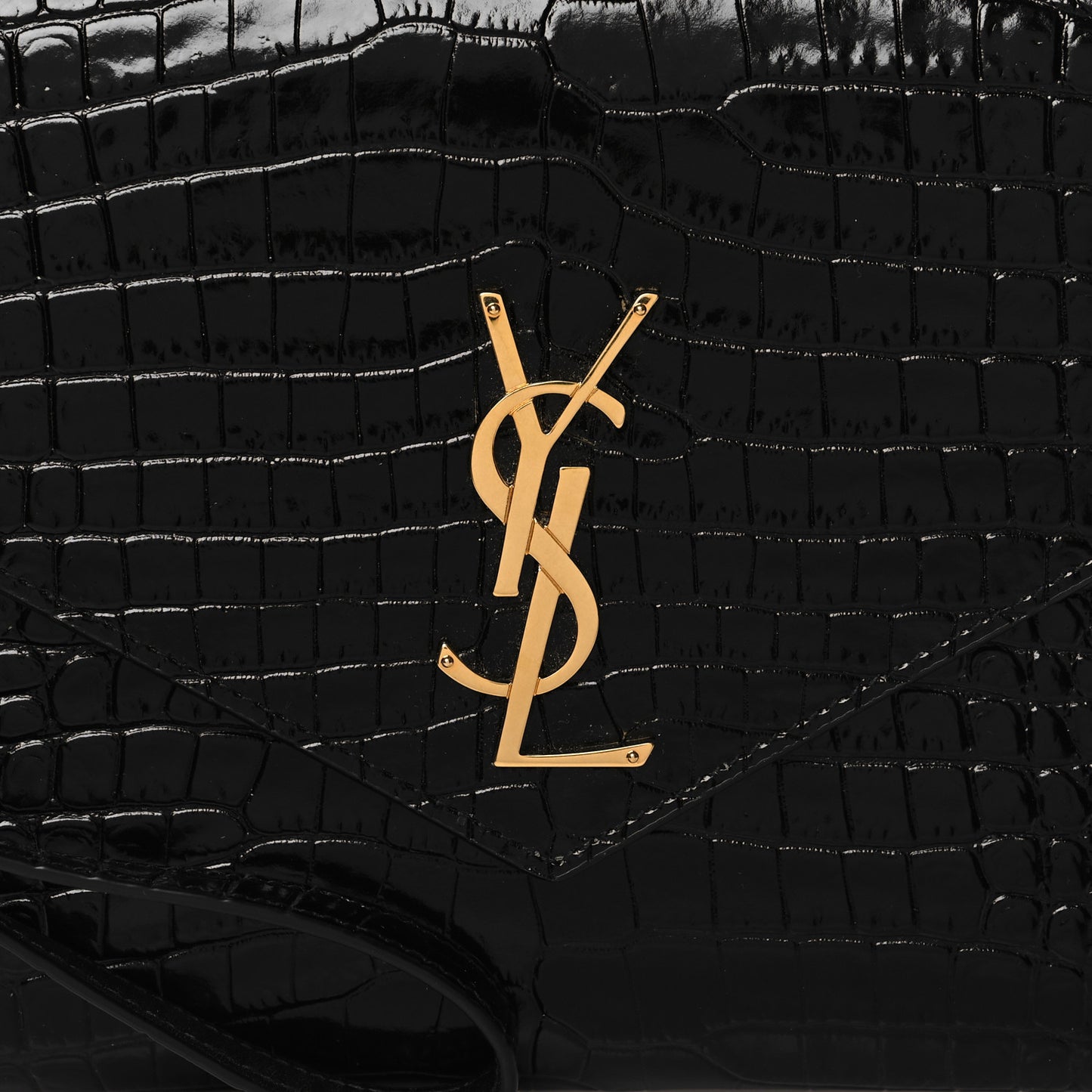 SAINT LAURENT Calfskin Crocodile Embossed Monogram Cassandre Flap Pouch Black
