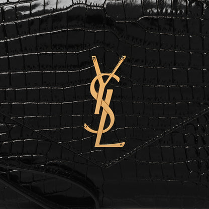 Saint Laurent SAINT LAURENT Calfskin Crocodile Embossed Monogram Cassandre Flap Pouch Black 8 of 11