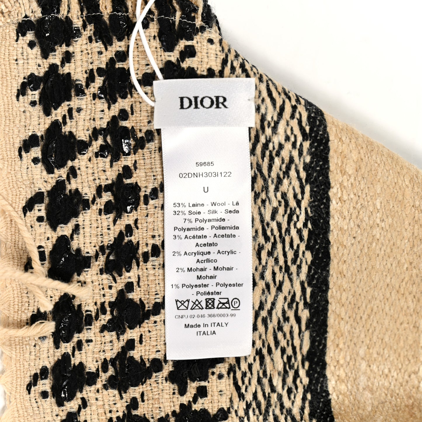 Wool Silk Houndstooth Fringe Scarf Beige Black