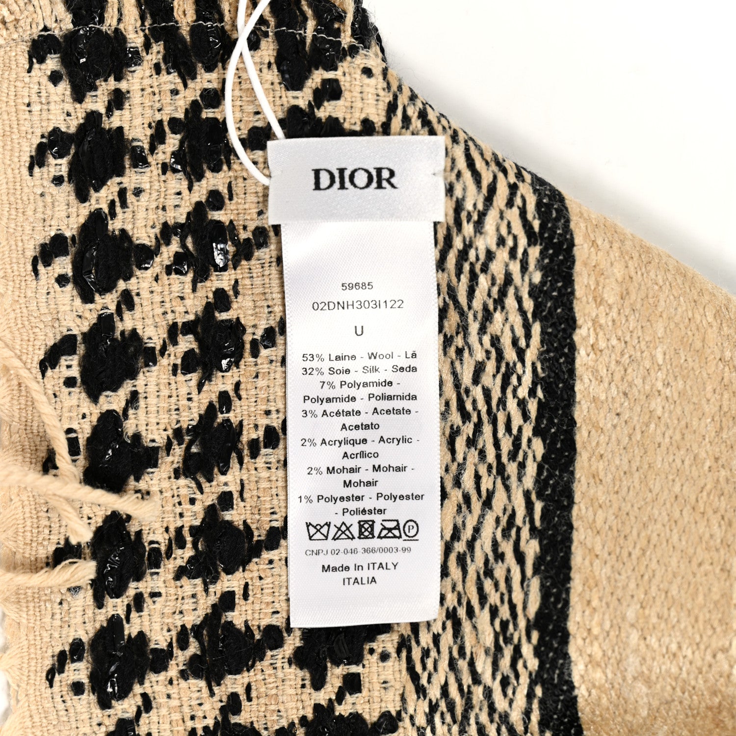 Christian Dior Wool Silk Houndstooth Fringe Scarf Beige Black 3 of 5