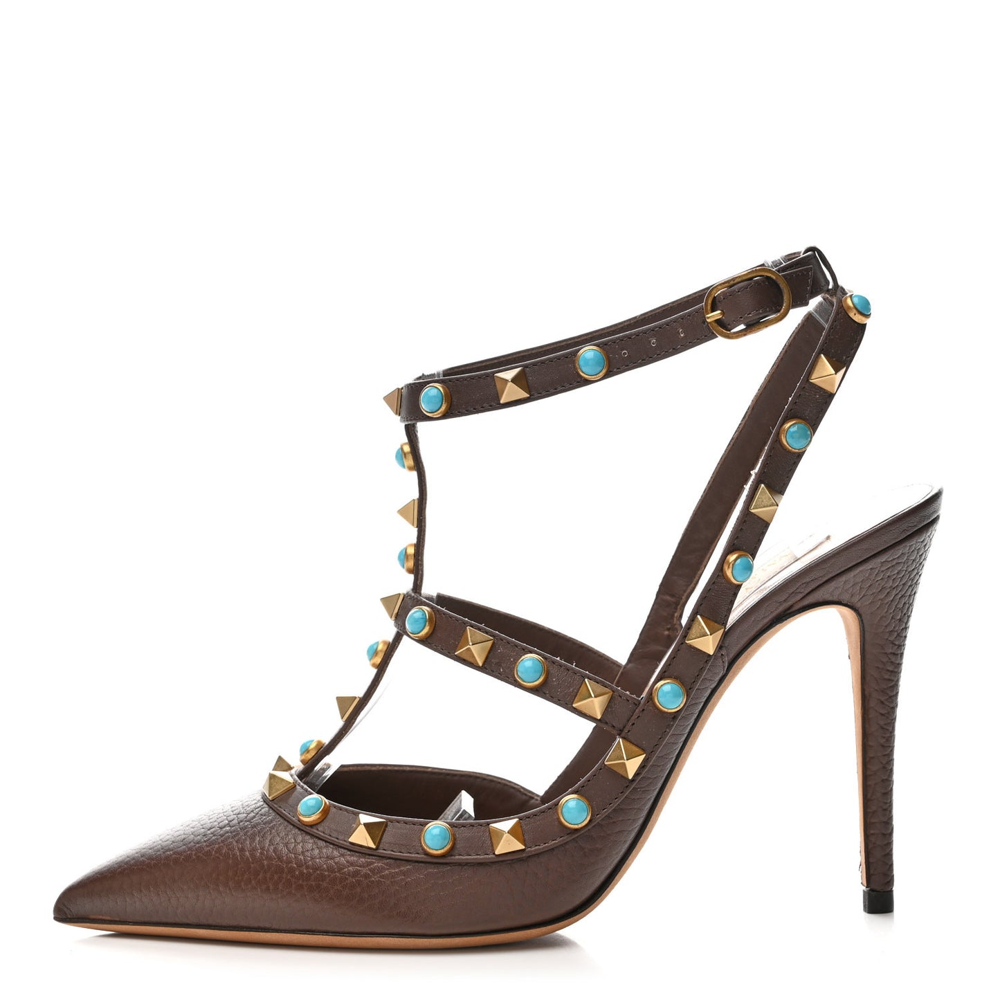 Pebbled Calfskin Turquoise Rockstud Rolling Ankle Strap 100mm Pumps 38 Cacao
