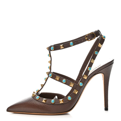Valentino Garavani Pebbled Calfskin Turquoise Rockstud Rolling Ankle Strap 100mm Pumps 38 Cacao 1 of 10