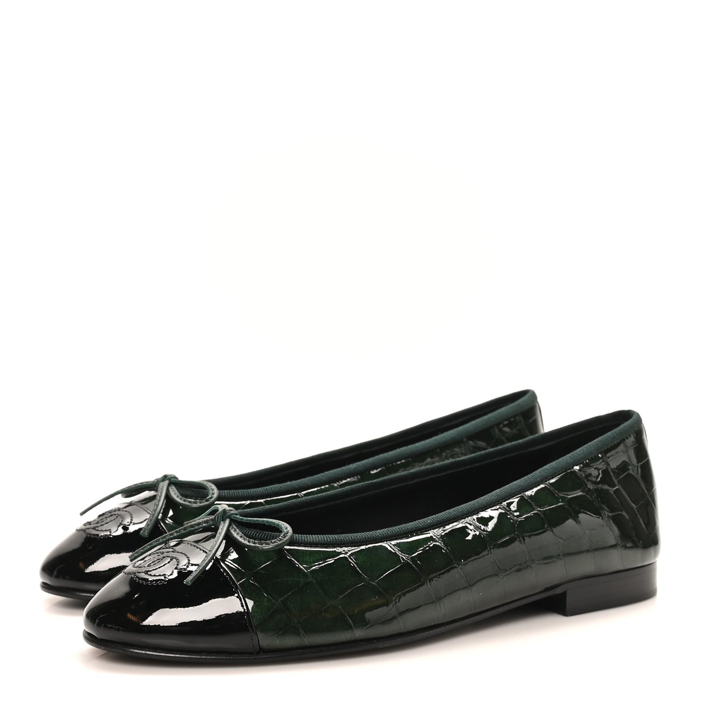Crocodile Embossed Patent Calfskin Cap Toe CC Ballerina Flats 38 Dark Green Black