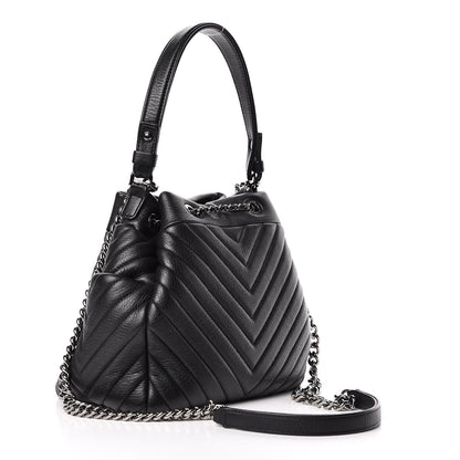 Chanel Deerskin Chevron Small CC Chain Bucket Drawstring Bag Black 3 of 10