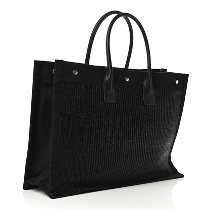 Saint Laurent Raffia Linen Calfskin Rive Gauche Tote Black 2 of 9