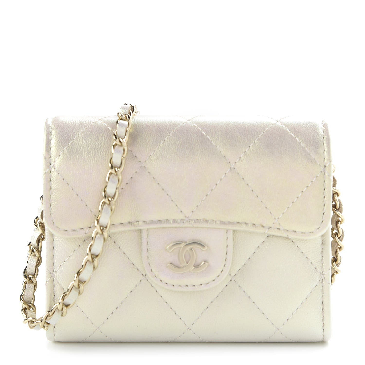 Chanel Iridescent Lambskin Quilted Flap Card Holder On Chain Ivory 1 of 10