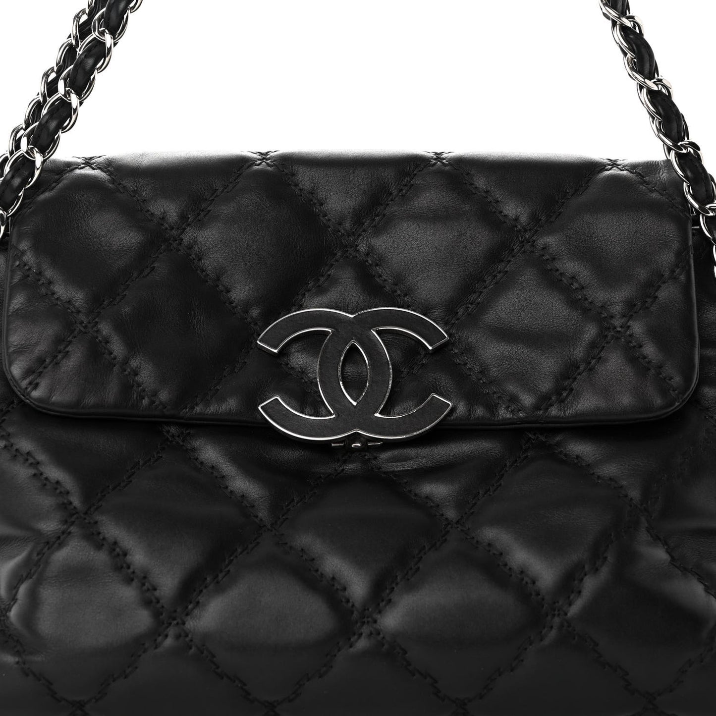Calfskin Double Stitch Large Hamptons Flap Bag Black