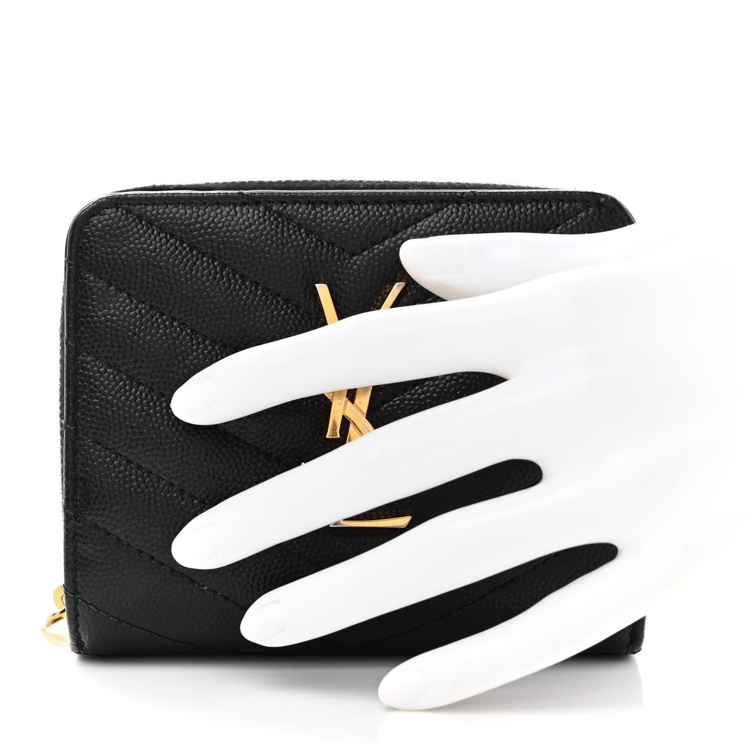 Saint Laurent Grain De Poudre Matelasse Chevron Monogram Compact Zip Around Wallet Black 2 of 9
